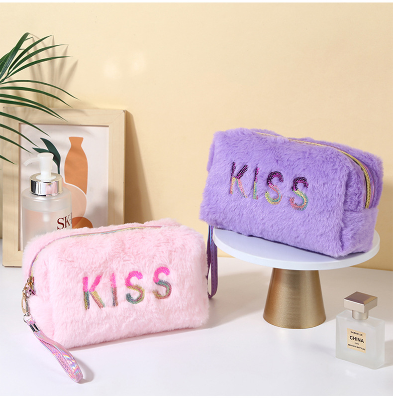 Casual Cute Letter Solid Color Flannel Storage Bag Makeup Bags display picture 1