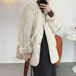 Zhishixi V-Neck Patchwork Lamb Wool Cotton Coat for Women, Young Ladies' Cotton Jacket 5209, Warm Core, Casual and Versatile