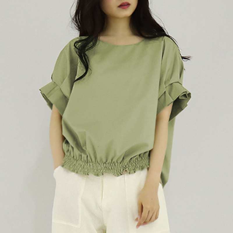 2025 Trumpet Short-Sleeve Shirt with Bowknot, Ruched Front, High-Low Hem, Tie-Up Round Neck Top, Slimming and Fresh College Style