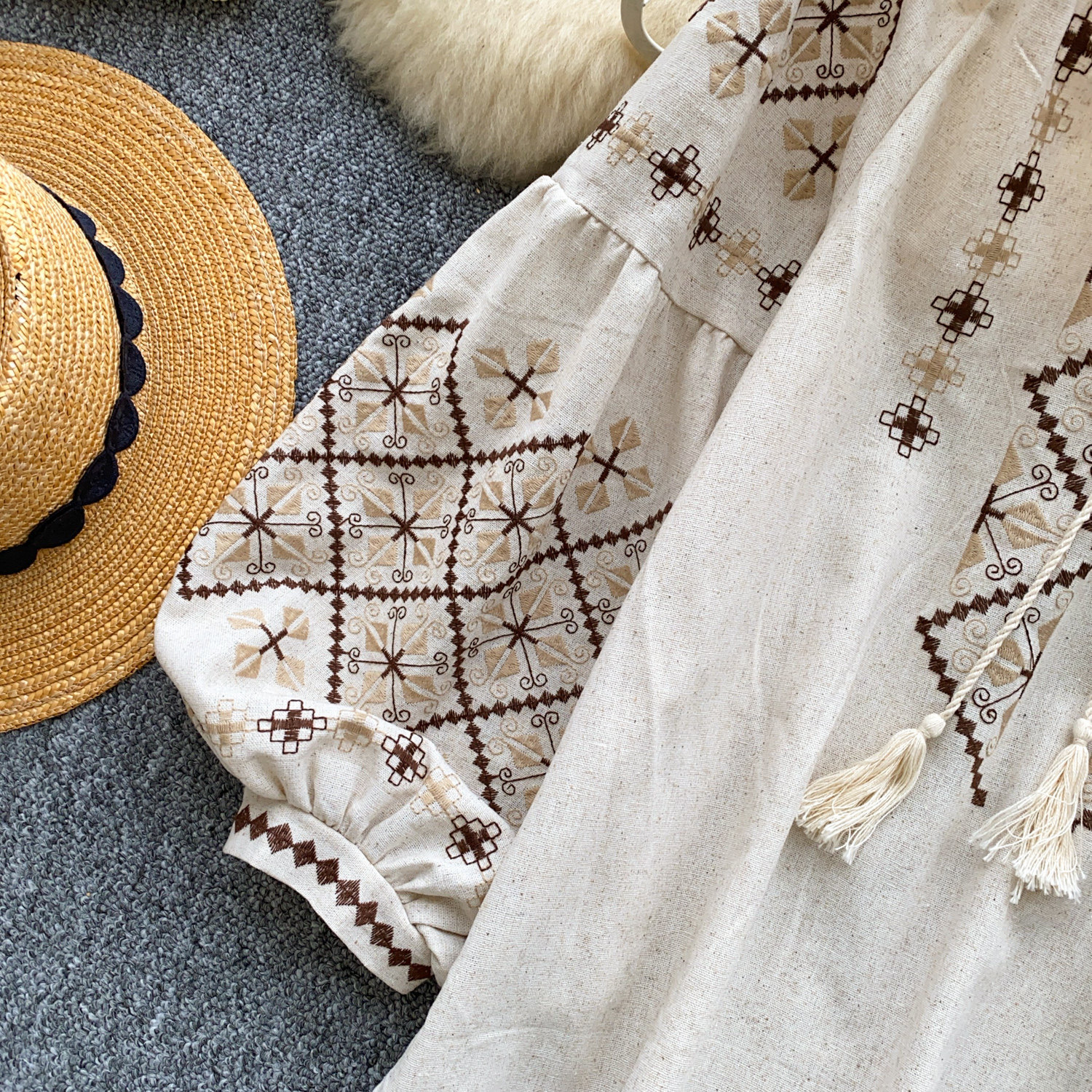 Women's Ethnic Style Embroidered Shirt Summer Long Sleeve Loose Fitting Tassel Tie Lantern Sleeve Heavy Duty Design Top For Commuting_ecoleips.com