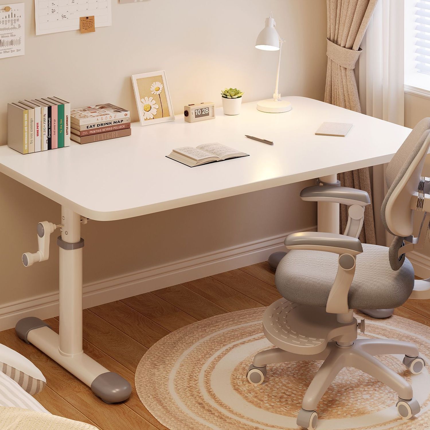 Manual Adjustable White Table Thickened Simple Children's Study Desk Dormitory Study Home Computer Desk Desk and Chair Set