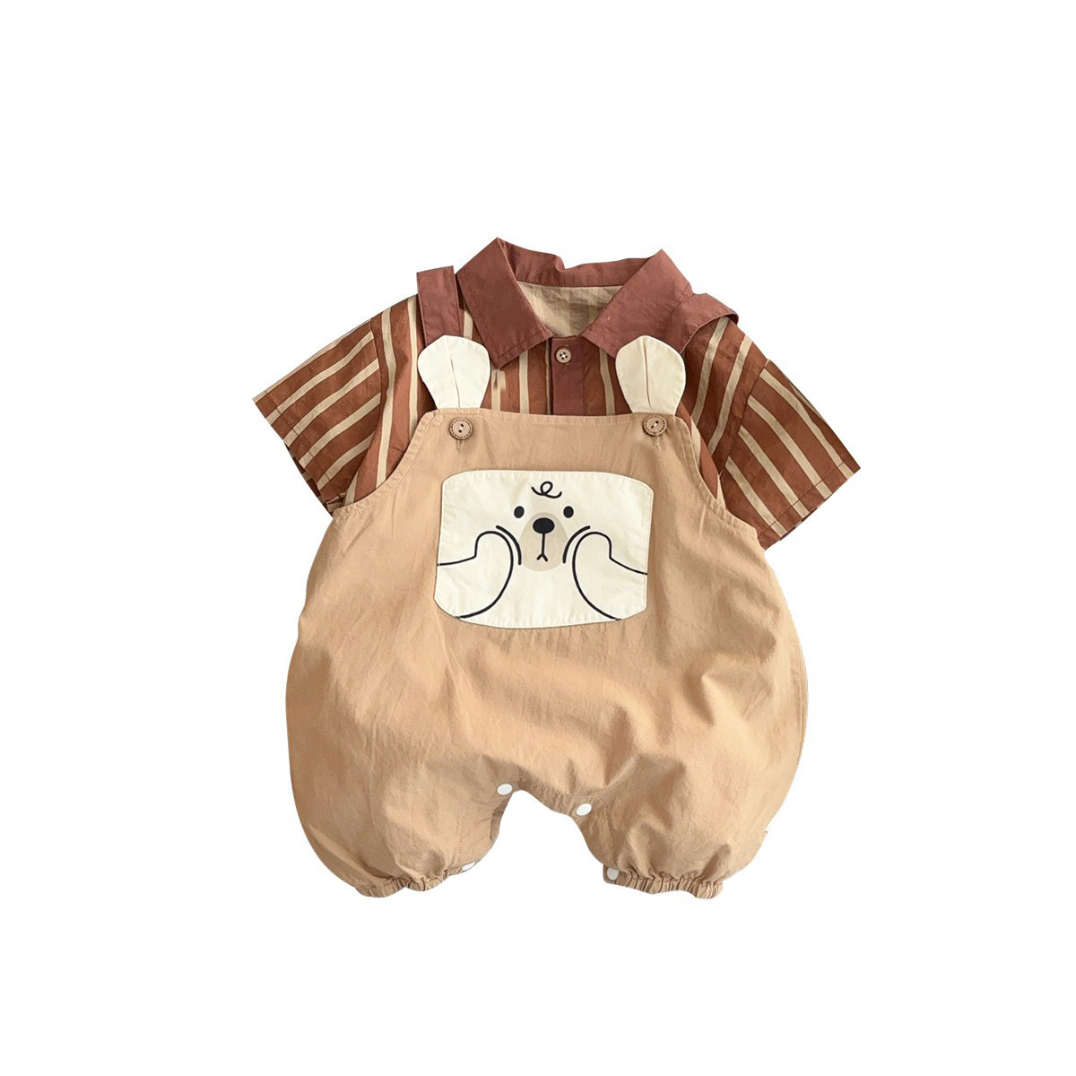 Ropa para niños coreanos verano delgado traje de bebé para hombres monos de dibujos animados camisa a rayas de manga corta traje de salida de dos piezas