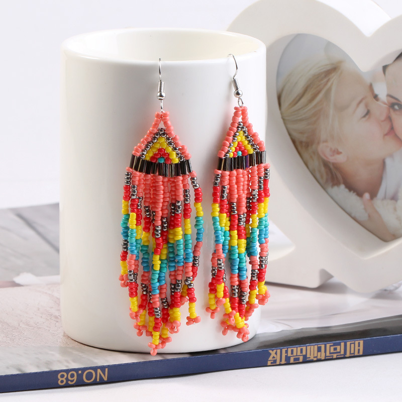 fashion multi-layer rice bead long tassel earrings