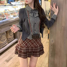 2025秋季新款贵族女校蝴蝶结假两件上衣秋季新款格纹半裙套装女装