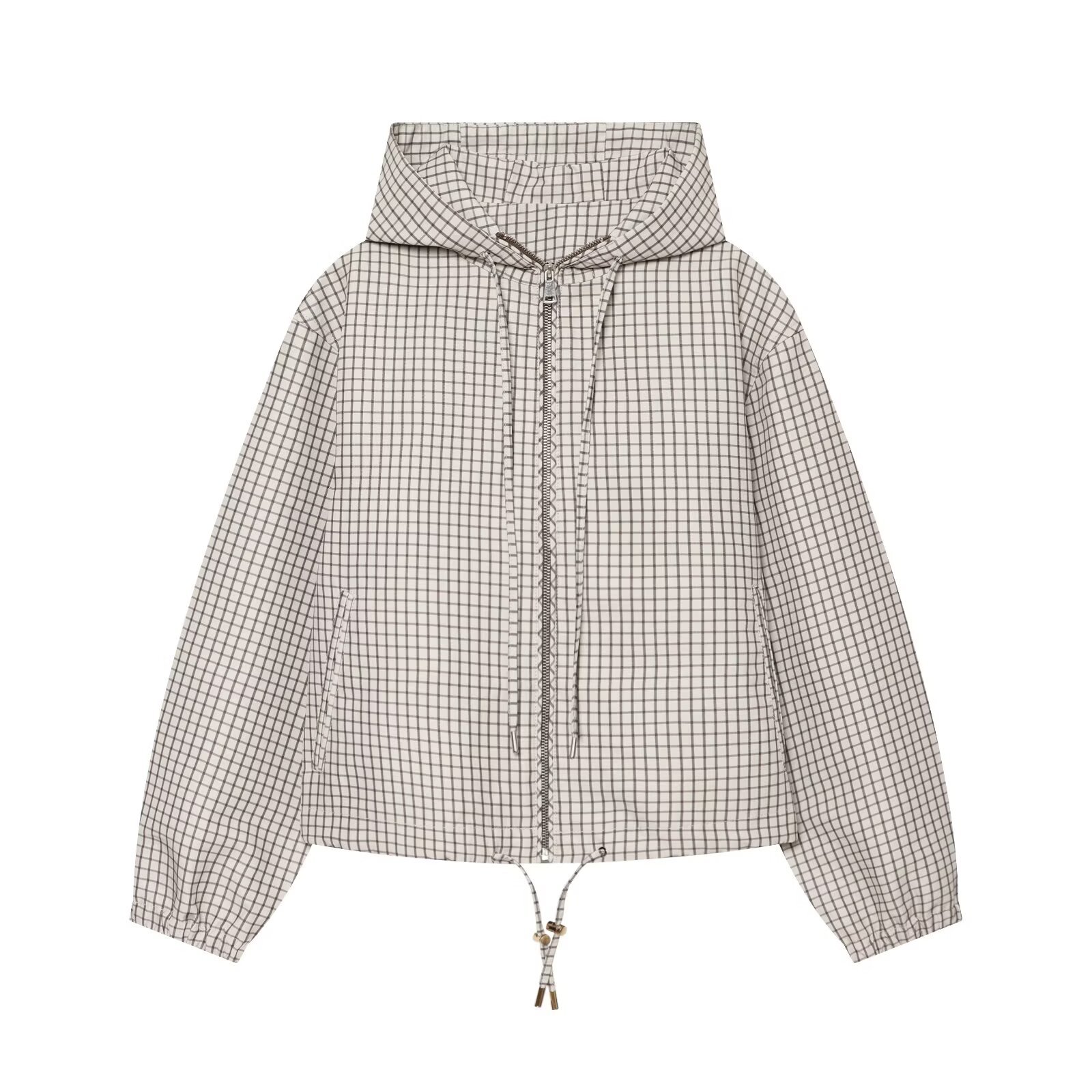 European and American style foreign trade autumn women's new fashion versatile plaid hooded jacket