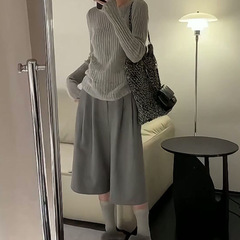 2025早秋新款女韩系穿搭修身圆领长袖毛衣上衣气质高腰显瘦阔腿裤