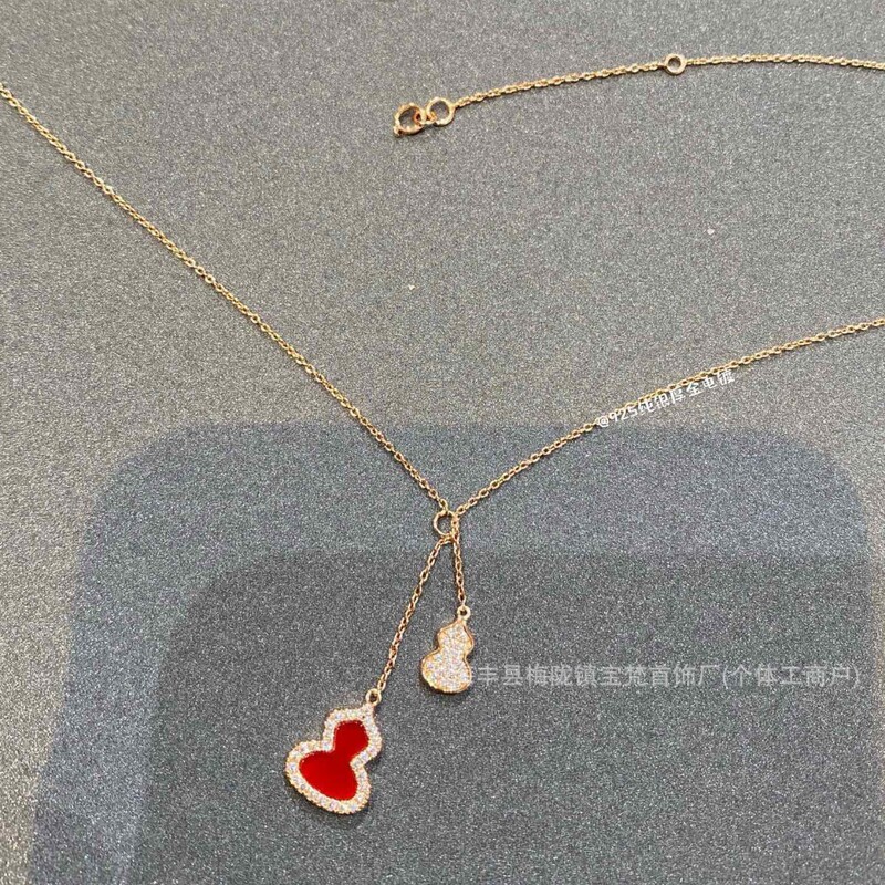 新款纯银S925麒麟葫芦项链红玉髓白贝母镶钻平安本命年吊坠玫瑰金|undefined