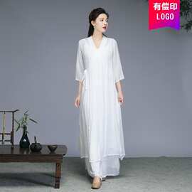中风禅意女装棉麻茶服禅修服禅舞服装复古汉服连衣裙两件套批发