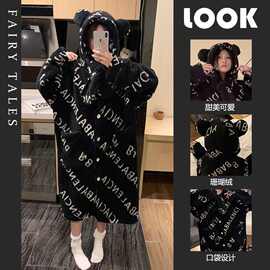 珊瑚绒睡衣女款2026秋冬季加绒字母连帽长袖单袍休闲可外穿家居服