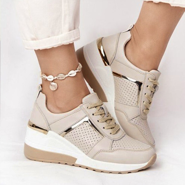 European and American Large Size Sports Casual Shoes, New Summer Style, Thick-Soled Lace-Up Mesh High-Heeled Sneakers, in Stock, White, for Women
