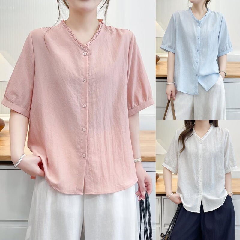 Simple and elegant, age-reducing, for slightly plump women, summer ruffled V-neck short-sleeve loose-fitting slimming plus-size shirt