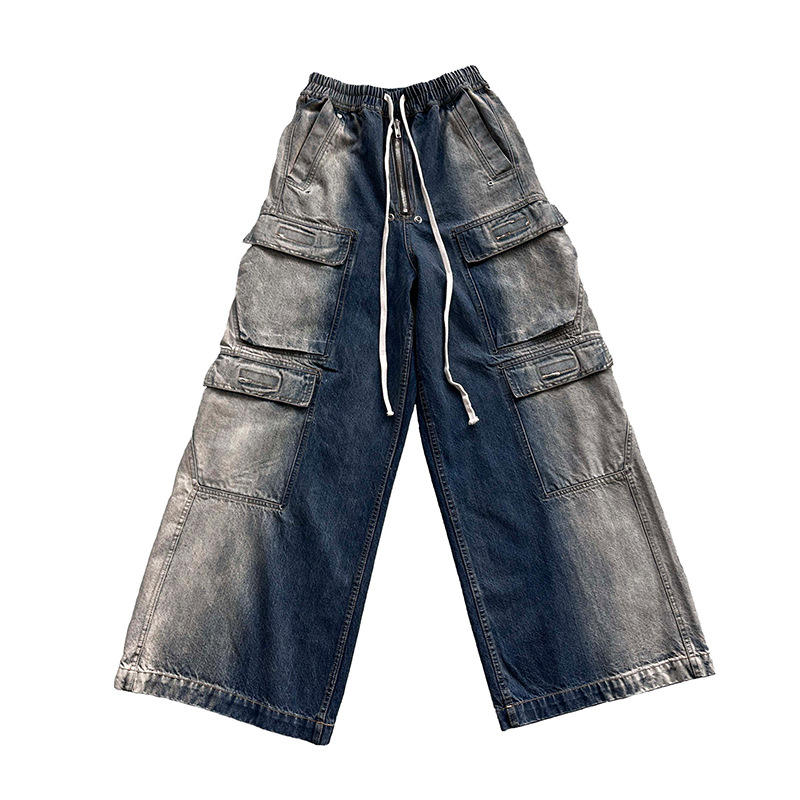 Roacbt Jeans Washed Gradient Multi-Pocket Cargo Wide Leg Blue