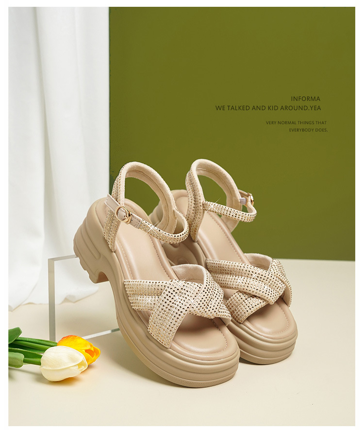 Sandal nữ đế dày đính đá phong cách La Mã, đế mềm tăng chiều cao — Màu đen chi tiết 23