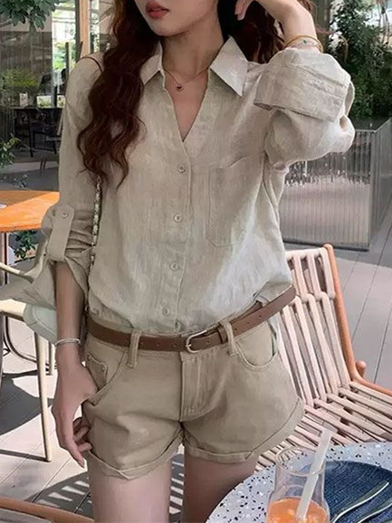 原麻色亚麻老钱风衬衫女秋夏薄款松弛设计感V领棉麻衬衣防晒上衣|undefined