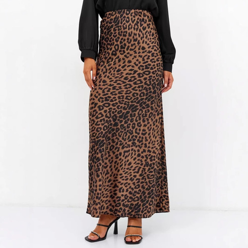 Silk half-length skirt with sexy leopard print, high-waisted, elasticated, smooth long dress