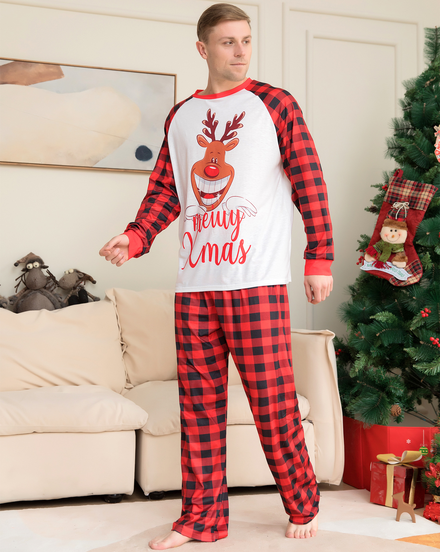 Christmas family set deer head print homewear plaid two-piece pyjamas_voghion.com