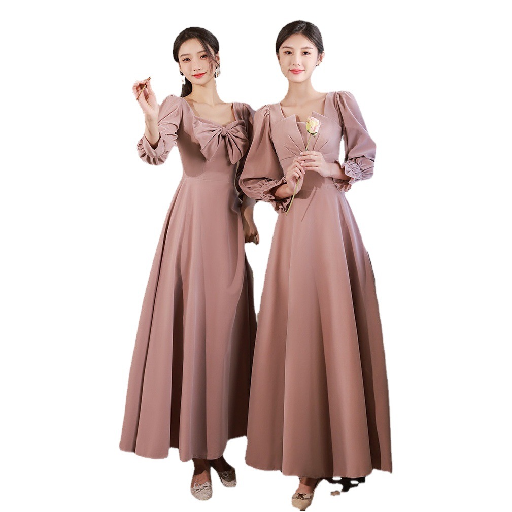Pink Bridesmaid Dresses, New Summer 2026 Model, Winter Long-Sleeve Velvet Sister Group Dresses, Comfortable for Everyday Wear