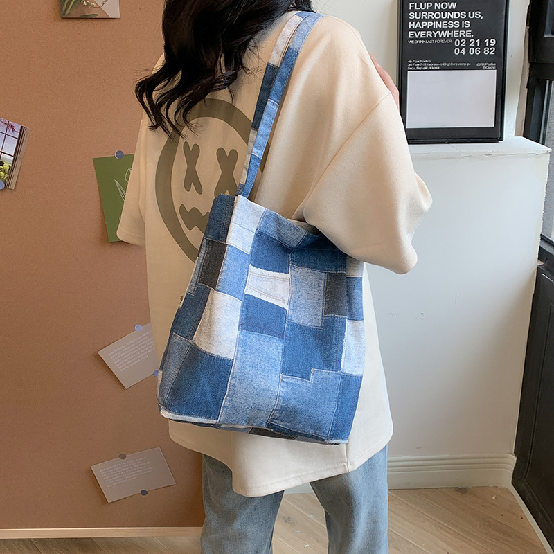 체크무늬 캔버스 가방 여성용 토트백 대용량 다용도 신상 원숄더 배색 패치워크 가방 학생 수납 가방