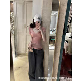 美式辣妹纯欲微透V领正肩短袖t恤女夏季2026新款修身显瘦收腰上衣