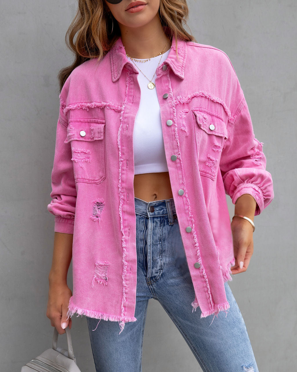 Giacca di jeans donna con volant strappata bavero manica lunga_voghion.com