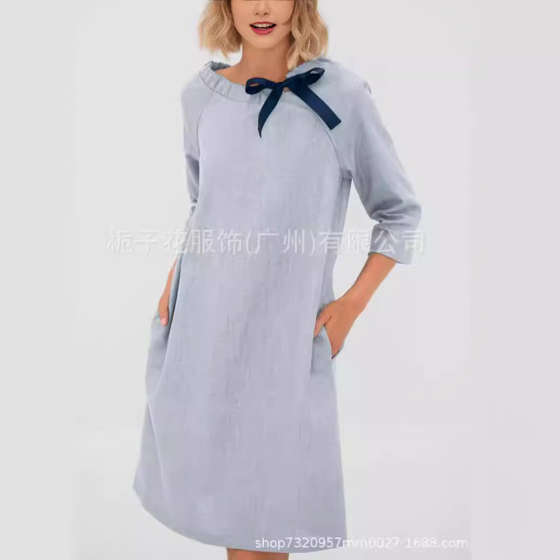 Cross-border European and American dress Foreign Trade Linen Cotton Mid-length Skirt Cotton Linen Mid-sleeve Summer Casual Loose dress Women Cross-border European and American dress Foreign Trade Linen Cotton Mid-length Skirt Cotton Linen Mid-sleeve Summer Casual Loose dress Women