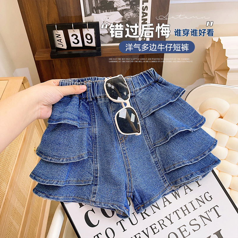 Korean fashion versatile denim shorts 2024 summer new style girls soft denim ruffled cake shorts trend 