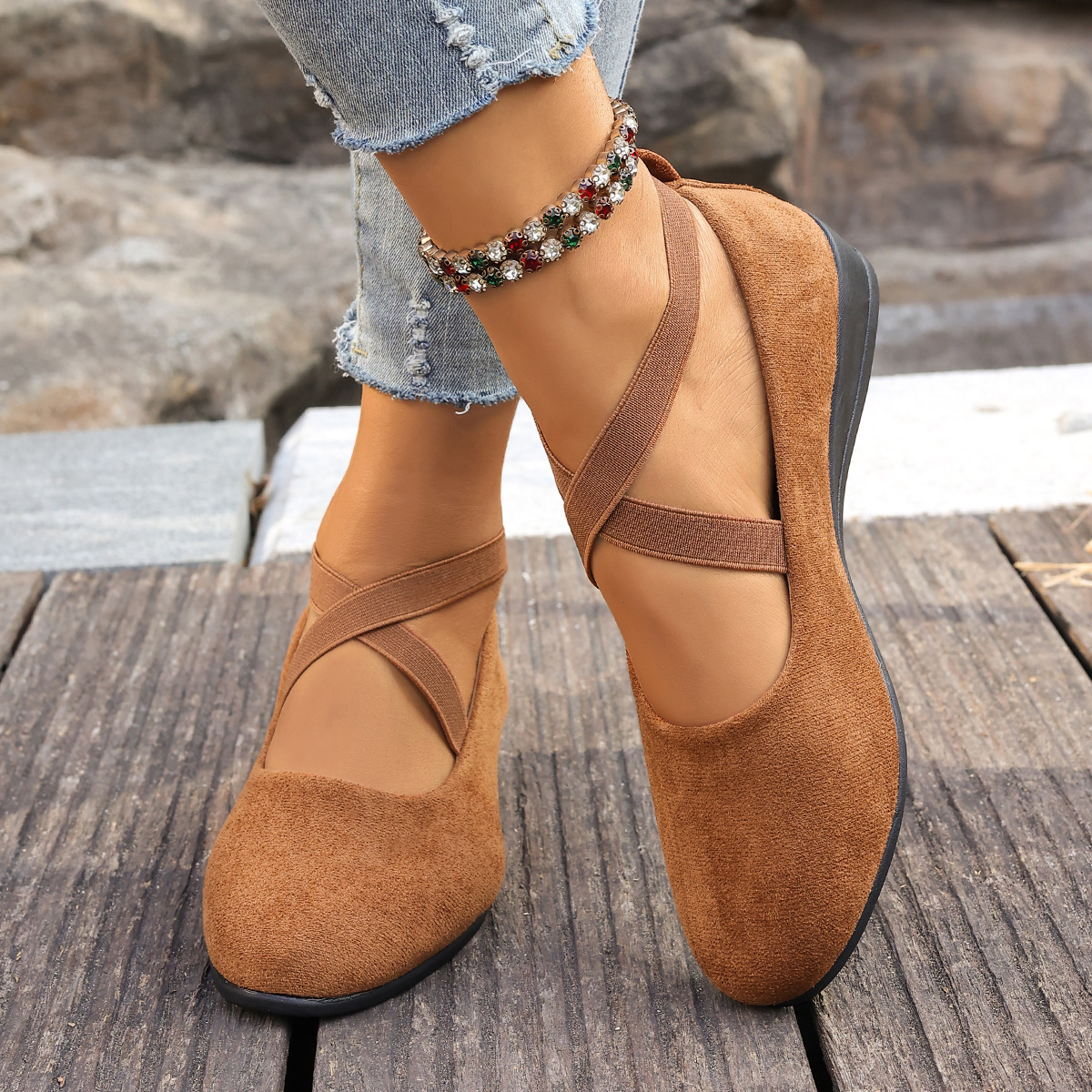 Women's Plus Size Cross Strap Suede Wedge Heels Slip-On Loafers Low Cut Spring Style Casual Comfortable Footwear_voghion.com