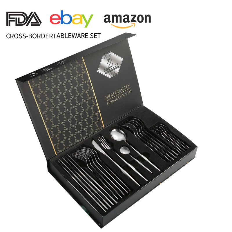 Vajilla de acero inoxidable portugués de Amazon transfronterizo Cuchillo de comida occidental, tenedor y cuchara traje cuchillo de carne, tenedor y cuchara traje de caja de regalo