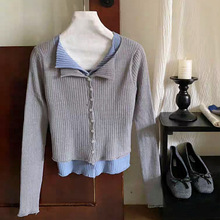 2025新款修身打底针织开衫假两件时尚气质撞色女式针织衫短款上衣