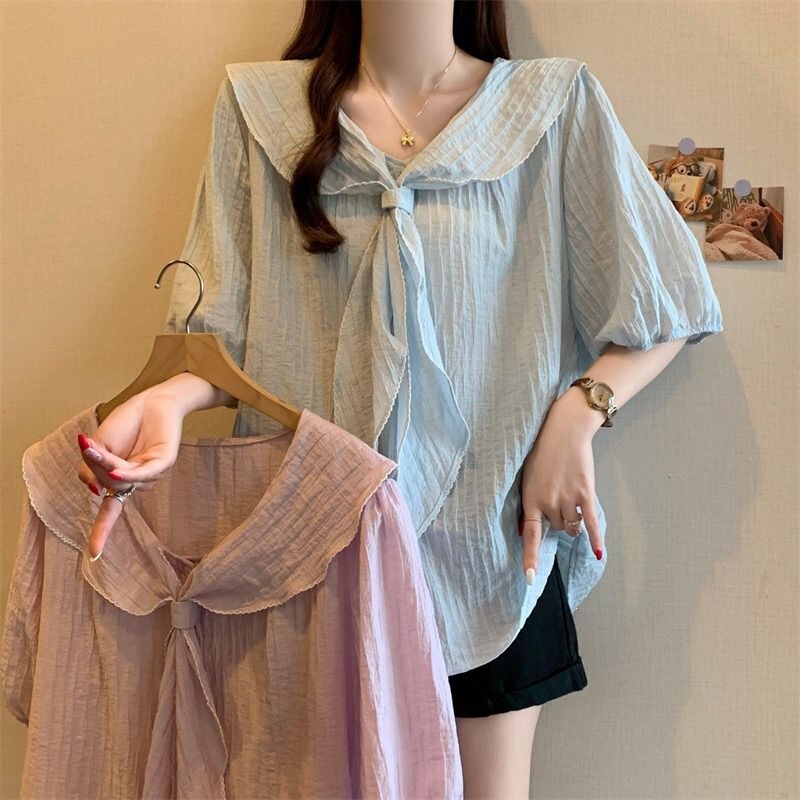 Plus-Size Chiffon Shirt for Women, Short-Sleeved, Super Stylish, 2026 Summer New Style, Loose Fit, Tummy-Concealing Babydoll Top