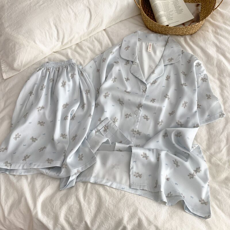 2026 Cartoon Cute Ice Silk Pajamas Women's Spring and Autumn Short Sleeve Shorts Silk Home Clothes Set Summer