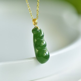 Fubei Diamond Jewelry 18K Gold Inlaid Hetian Jade Spinach Green Pendant Cardamom Youth Specification 9*18mm Necklace