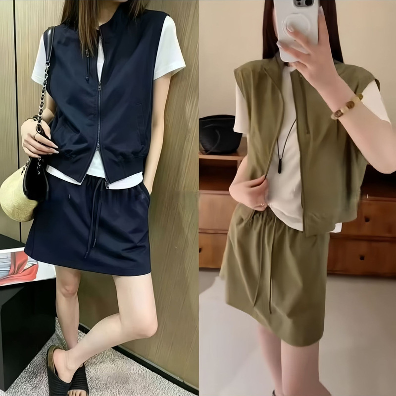 Stand Collar Zipper Vest Short-Sleeved T-Shirt + Short Skirt Three-Piece Set for Women European Style 2026 Summer New Fashion Casual Suit