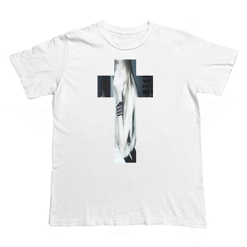 Cross-Border European Size Pure Cotton T-Shirt Cross Print Simple Trendy Male and Female Student Youth T-Shirt Top Round Neck