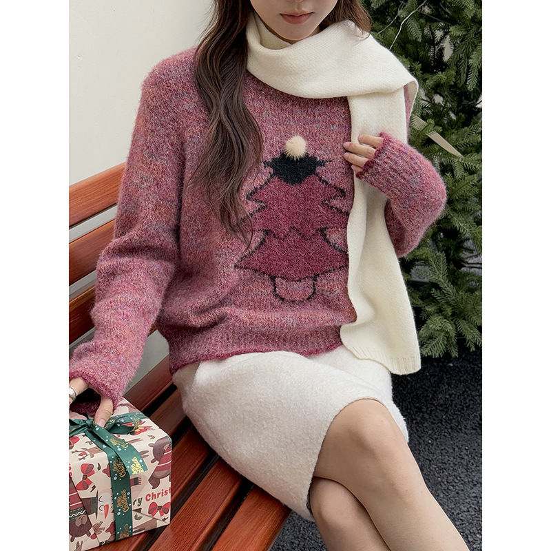 [Adventure Christmas Eve] Geming Christmas Tree Jacquard Round Neck Sweater Women's Winter Contrast Color Lace Top N856C