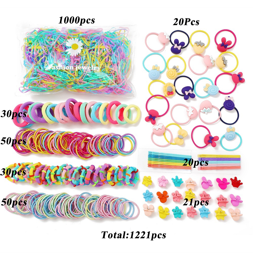 Nuevo estilo transfronterizo de moda infantil adornamiento para el cabello correa de correa de color correa de cabello princesa cabello anillo de cabello pequeño conjunto de clip de agarre