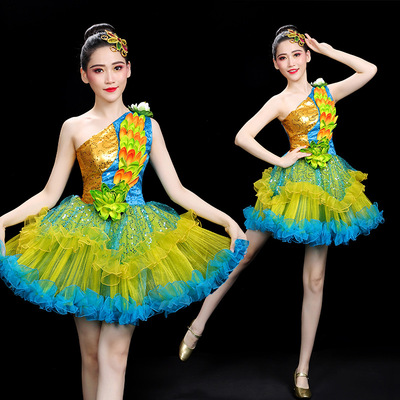 Women girls green with gold blue sequins Modern dance jazz dance costume female gogo dancers dance outfits song model show solo dance dress for female