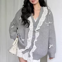 Милый вязаный кружевной осенний кардиган, свитер, куртка