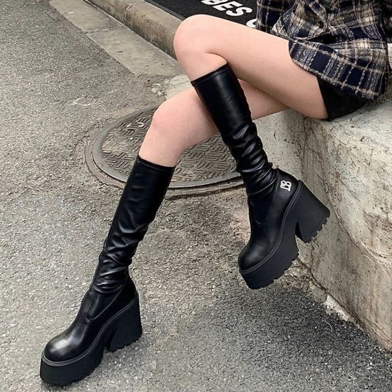 Knee-high boots for petite women, thick-soled, ultra-high heels, 2026 new style, high-top riding boots, elastic slimming boots