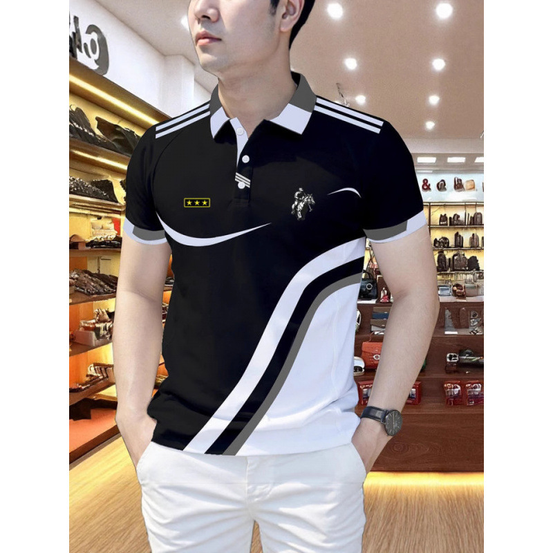 Pod European and American Style Sports Short-Sleeve Polo Shirt for Men, 3D Digital Print, Turn-Down Collar T-Shirt, Casual, Breathable, Quick-Drying, Loose Fit