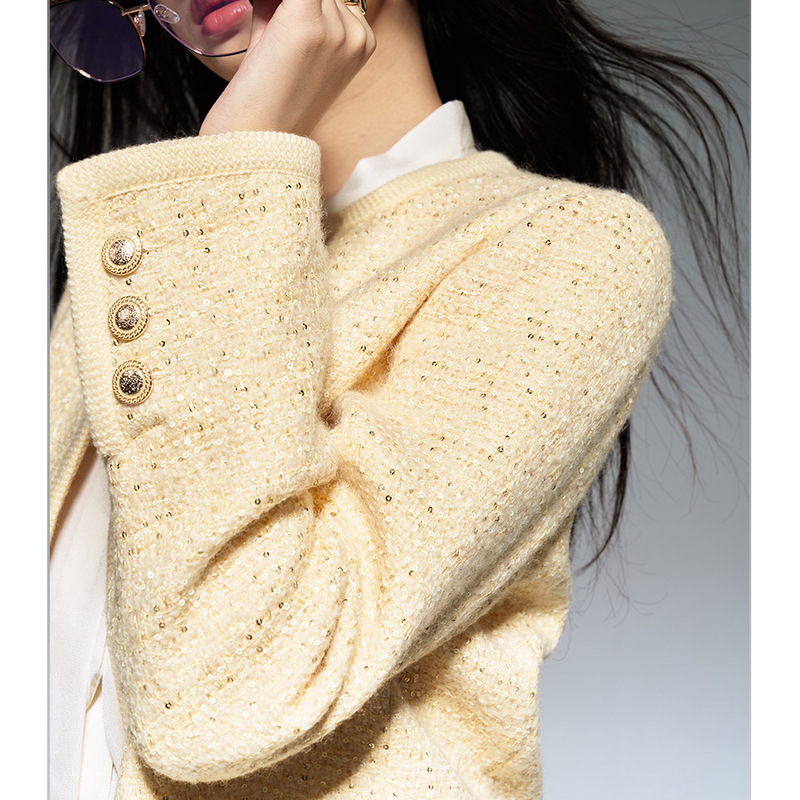 【Shengdu】Early Spring New French Retro Style Yellow Wool Sequin Light Luxury High-End Top Jacket for Women