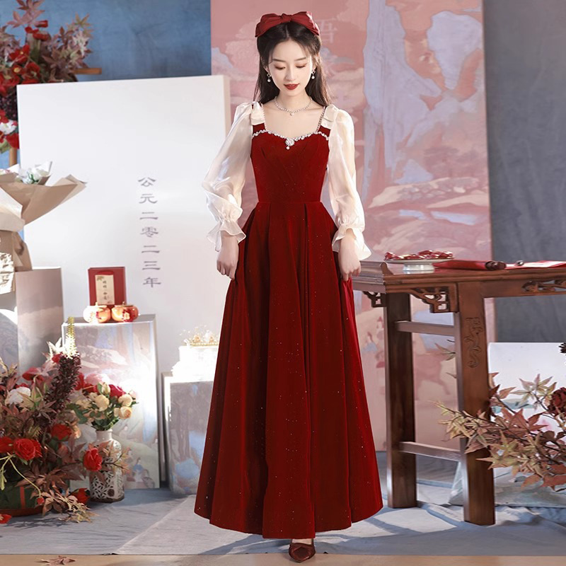 2026 New Style Burgundy Tulle Sleeve Plus-Size Toast Dress for Bride Engagement Wedding Homecoming Banquet Dress Registration and Certificate Dress for Women