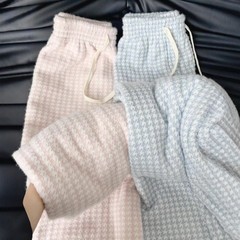 抽绳小香风千鸟格阔腿裤女秋冬季2025新款高腰显瘦百搭休闲直筒裤