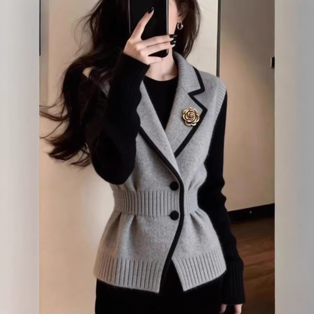 Áo gile len nữ phong cách Pháp dệt kim màu xám ôm eo — màu xám