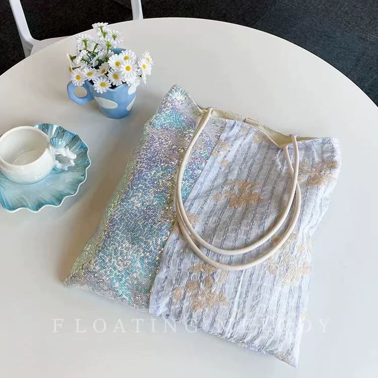 韓国の春夏ガールズイエローとブルーのチェック柄とスパンコール刺繍ショルダーハンドバッグカラーブロックFloatiMelodフローティングムーン|undefined