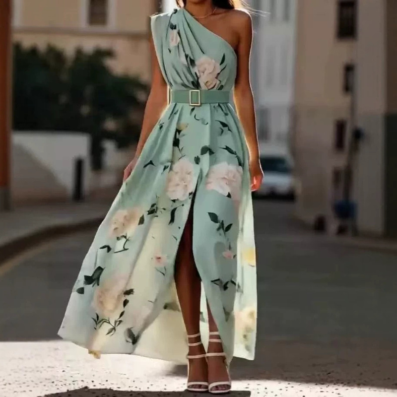 2025 European and American Women's Fashion Amazon Independent Site One-Shoulder Digital Print Sleeveless Vest Belt Dress Long Dress