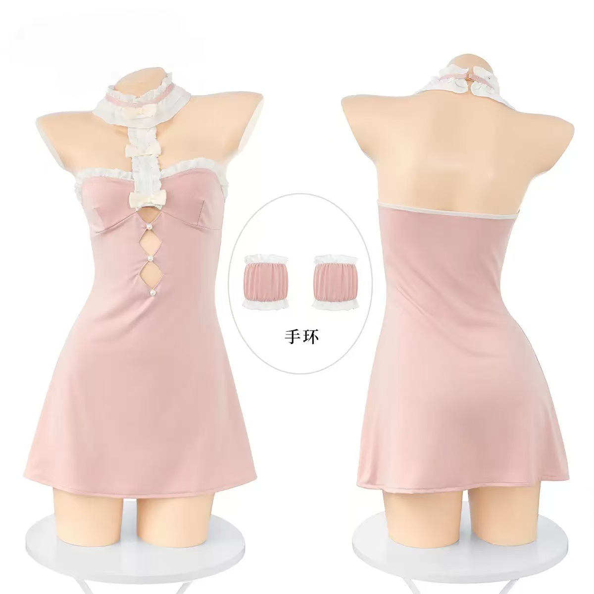 Nurse Roleplay Lingerie Set with Pink Mesh Slip Dress and Wrist Cuffs — detail image 6