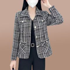 春と秋の新しいスタイルのゆったりとしたファッショナブルな大きいサイズの女性のラペルショートジャケットジャカードチェック柄カーディガン