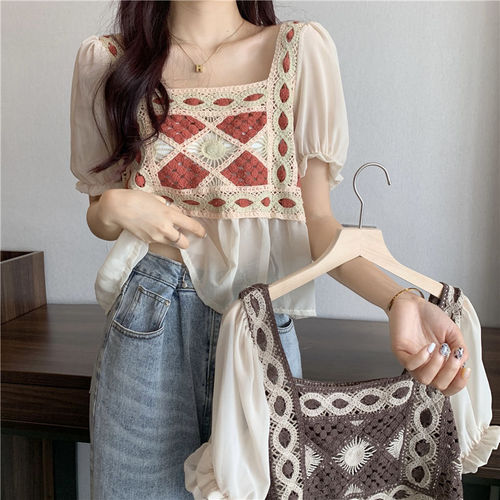 Designed chiffon crochet hollow short knitted T-shirt for women summer new sweet chic puff sleeve top trendy