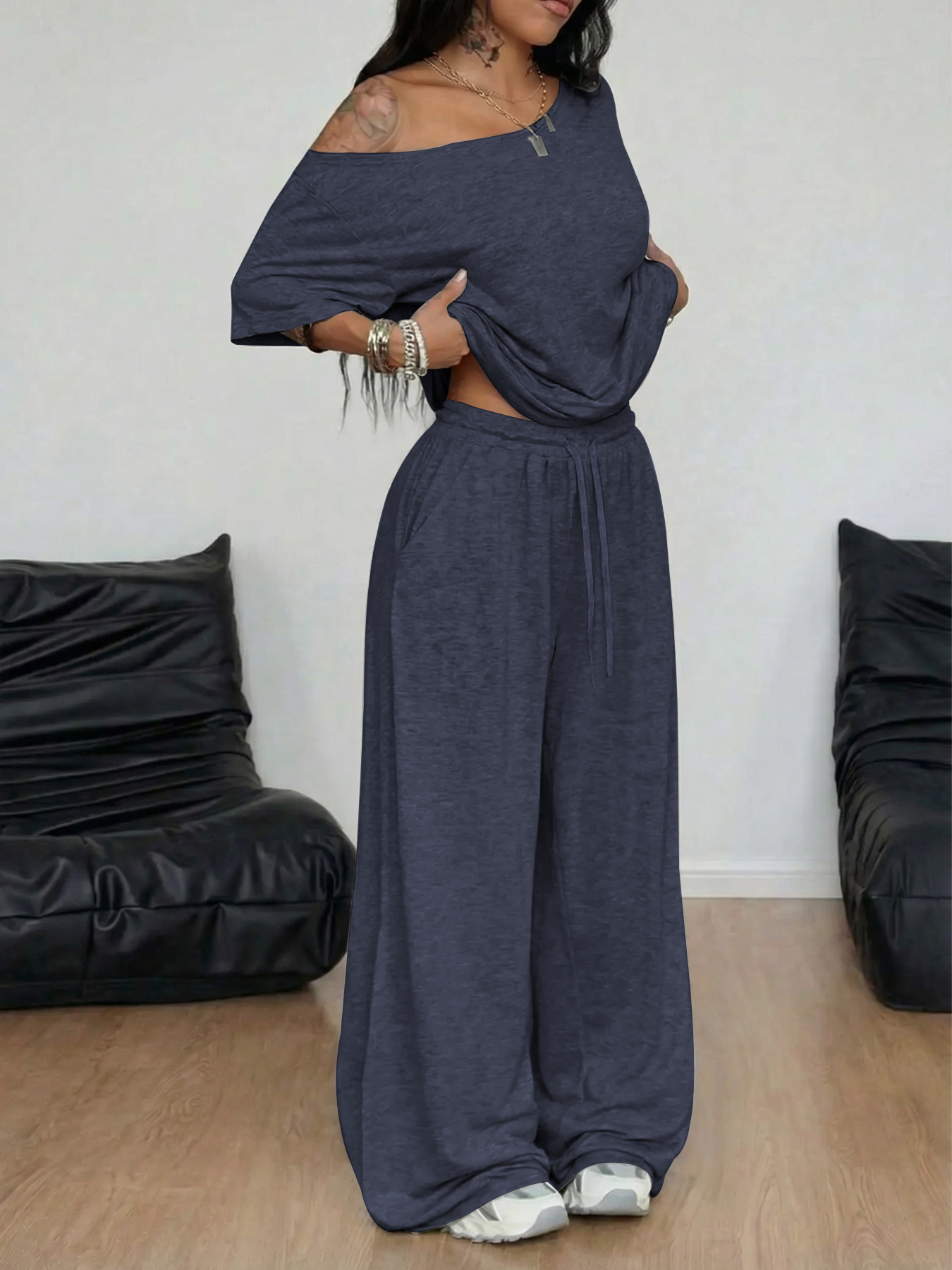 Women's Pant Sets Solid Color Casual Loose Wide Leg Two Piece Suit_voghion.com